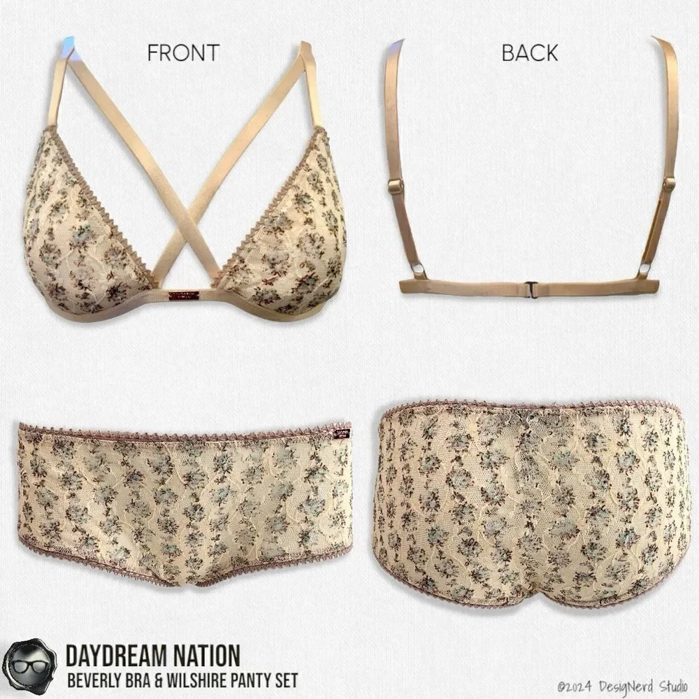 DAYDREAM NATION BEVERLY BRA & WILSHIRE PANTY SET IN TAN DAINTY FLORAL MESH LACE